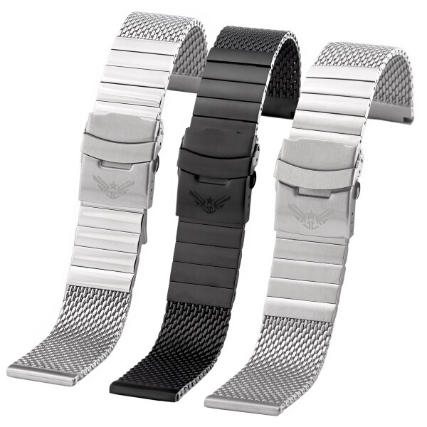 MILANAISE MESH Uhrenarmband ÜBERLANG (!)  20 22 24 Edelstahl massiv poliert matt schwarz